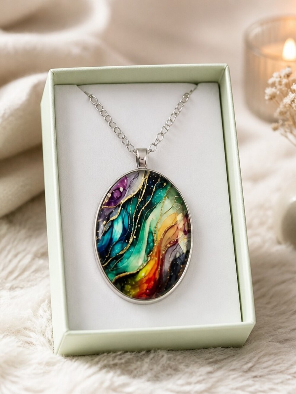 Multicolor Abstract Art Oval Pendant Necklace - Women Jewelry